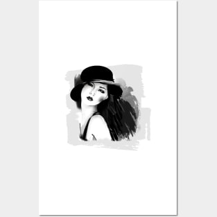 Girl with a Hat - Black & White Illustration Posters and Art